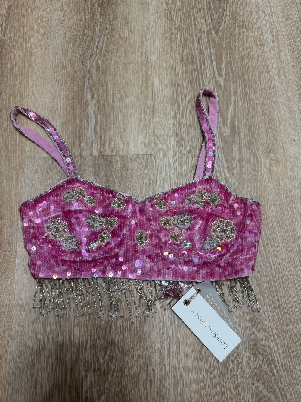 LoveShackFancy Pink Sequin Beaded Fringe Bralette